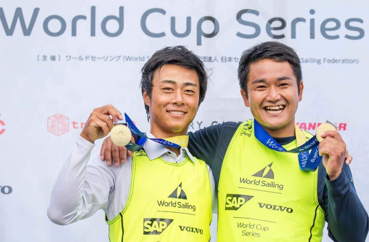 Japan's Keiju Okada and Jumpei Hokazono won gold in the Men's 470 as the World Cup Series Enoshima
