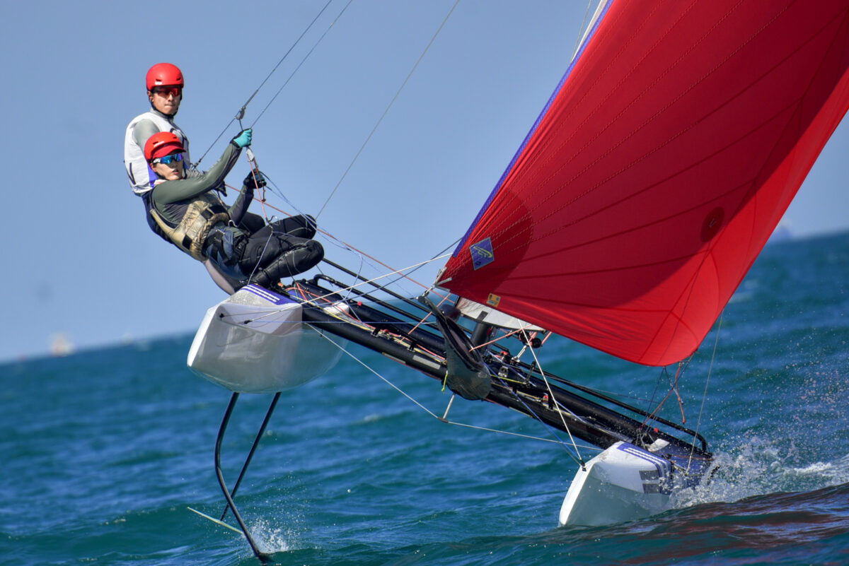 1 Asian Sailing Championships 2023 Chinese Huancheng Zhao and Ting Yu fly to secure early gold in the Nacra 17 class Photo by YRAT